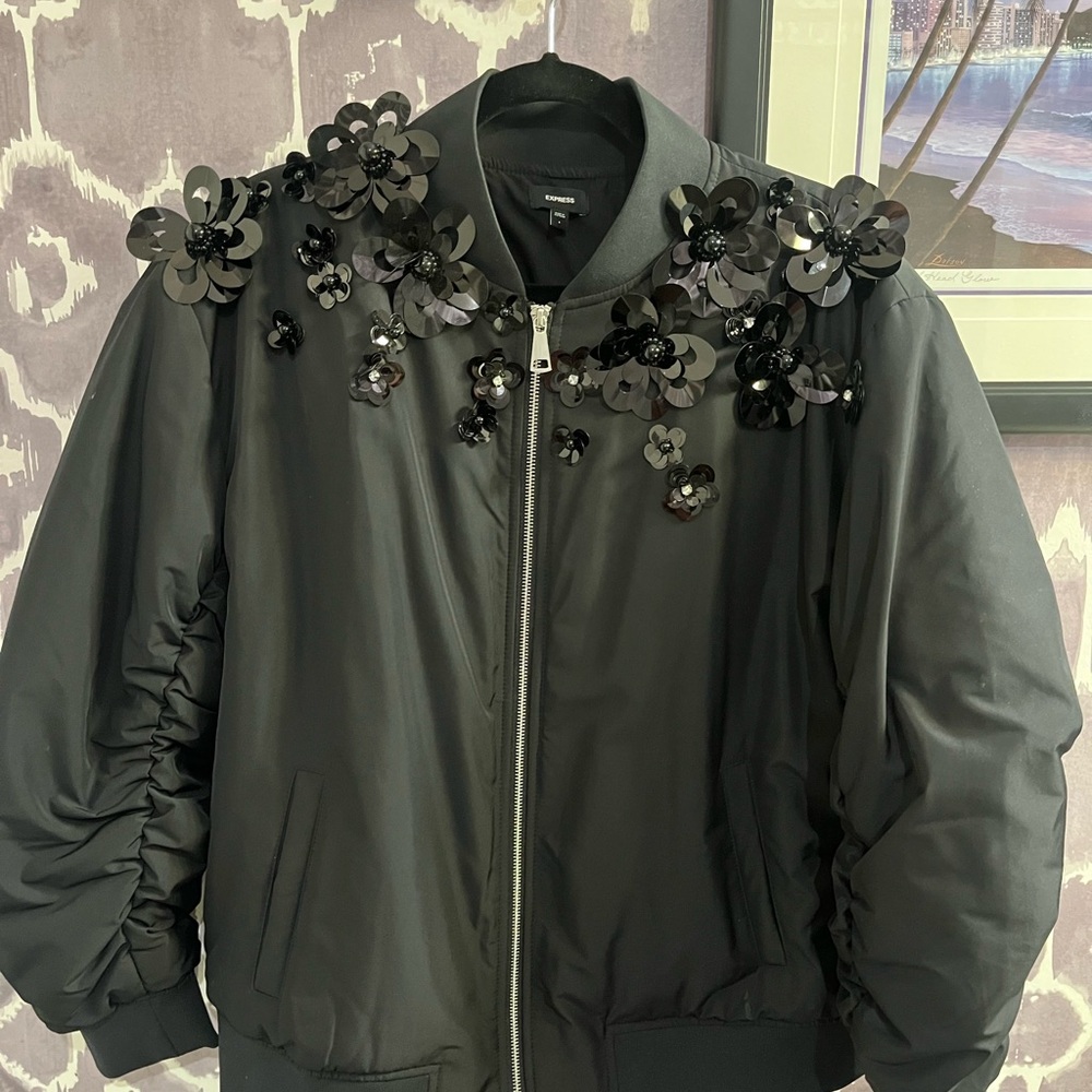 Express Black Floral Embellished Bomber Jacket